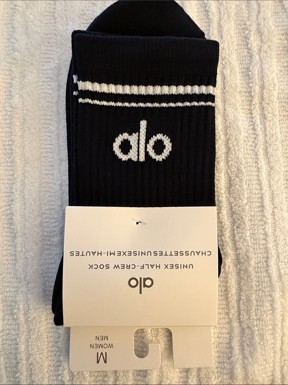 ALO Yoga Black Crew Socks with White Logo & Stripes - Size M